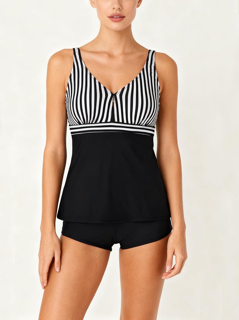 Septangle Push Up Bathing Suits for Women Ruched Cross Front Modest Swimsuit Athletic Swimming Suit for Big Busted Black&White Stripe,US16 - Image 5